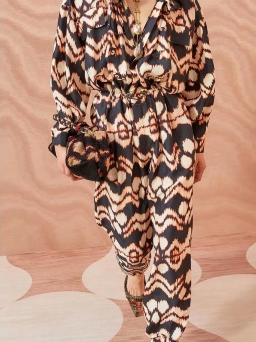 Ulla Johnson Black & Cream Ikat-Print Silk Jumpsuit